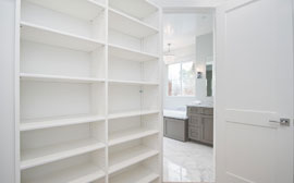 Master closet adjustable shelving for clothing, accessories and shoes